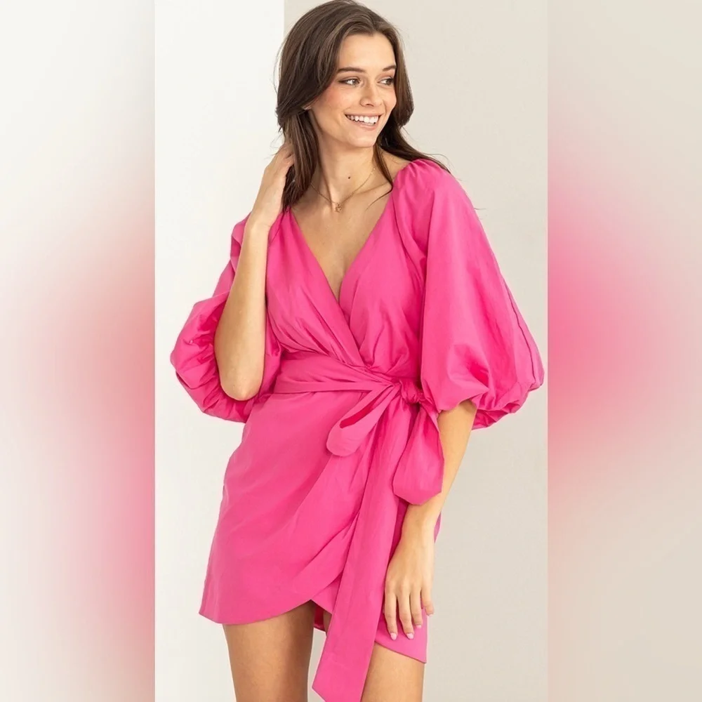 Pink Puff Sleeve with Tie Belt Mini Dress Size Large